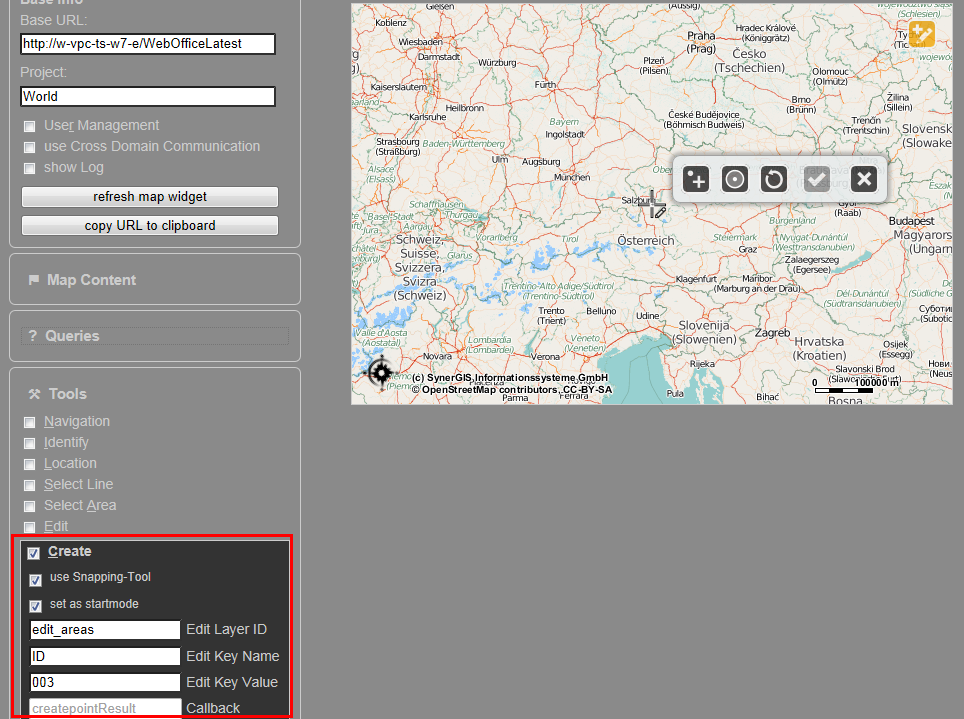WebOffice map widget test container - Create Tool&nbsp;