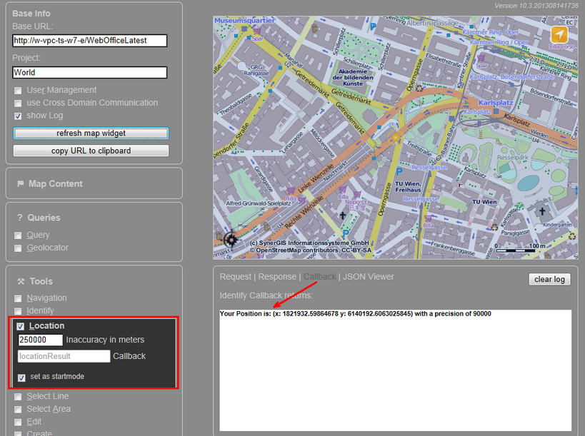 WebOffice map widget test container - Location Tool