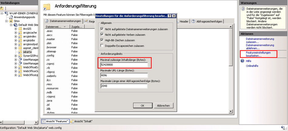 Maximal zulässige Inhaltslänge (Bytes) in der Anforderungsfilterung anpassen Maximal zulässige Inhaltslänge (Bytes) in der Anforderungsfilterung anpassen