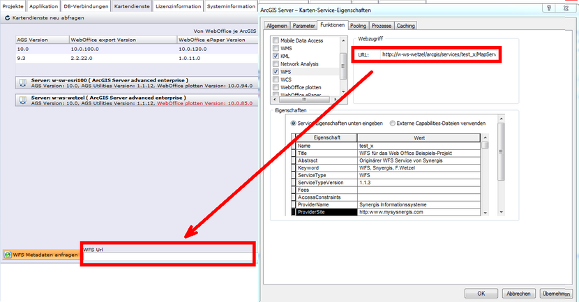 Eingabe der WFS URL unter dem Reiter Kartendienste im Synadmin &nbsp;