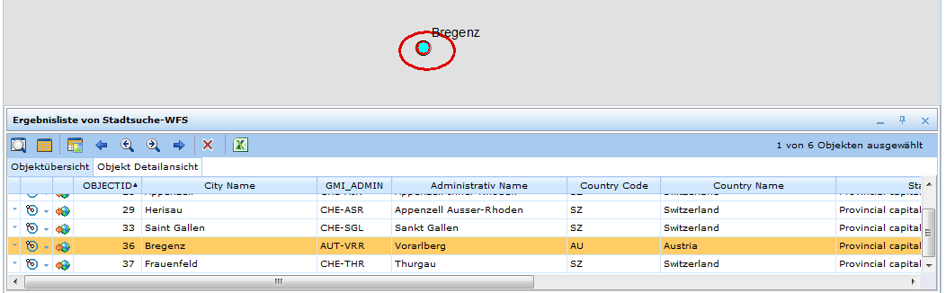 Hinzoomen und markieren der Position des WFS Objekts