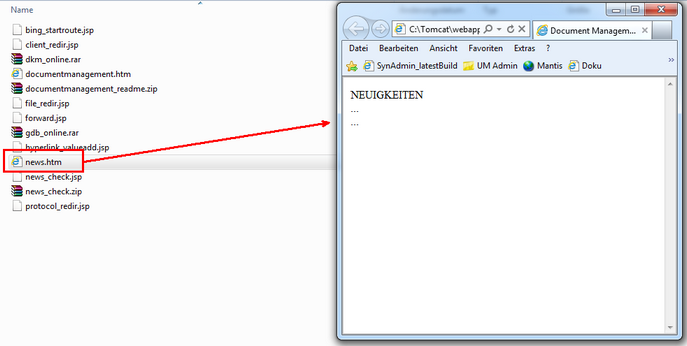 Neuigkeiten 'news.htm' im Verzeichnis 'C:\TomCat\webapps\<WebOfficeApplikation>\pub\custom_pages\' Neuigkeiten 'news.htm' im Verzeichnis 'C:\TomCat\webapps\<WebOfficeApplikation>\pub\custom_pages\'