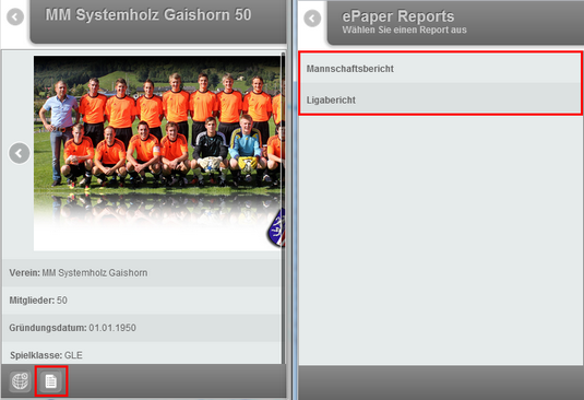 links: Button zum Aufrufen eines ePaper Reports aus dem Suchergebnis / rechts: Liste aller verfügbaren ePaper Reports eines Suchergebnisses