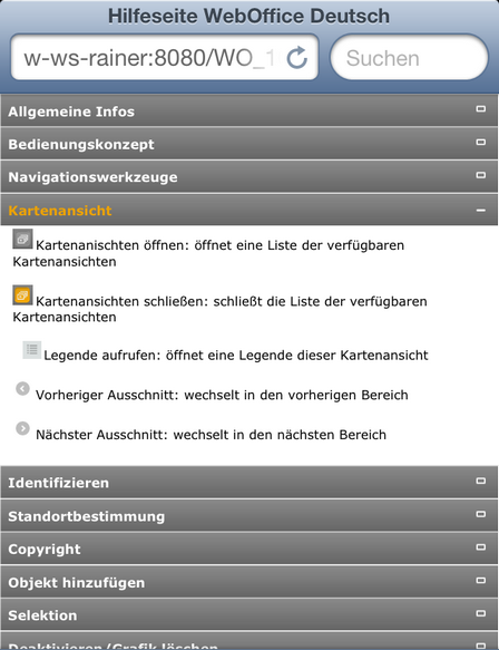 Online-Hlife des WebOffice mobile Client; das Kapitel Kartenansicht ist erweitert