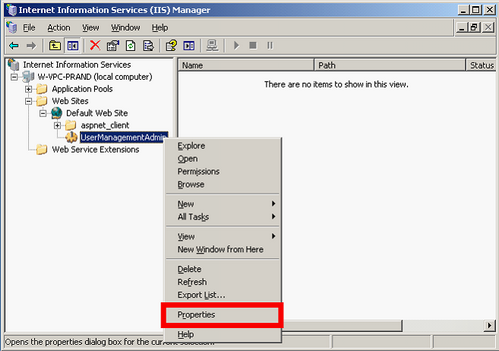 Choose Properties of the Virtual Directory