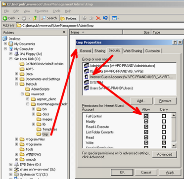 Set permissions (Full Control) for the Internet Guest Account for the tmp-directory