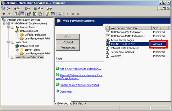 Check the Web Service Extension ASP.NET v2.0