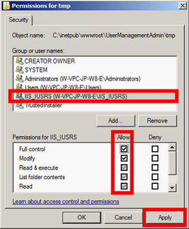 Set Full control for IIS_IUSRS