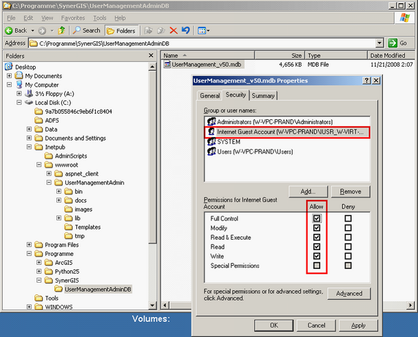 Set access rights on database file for locale Internet Guest Account