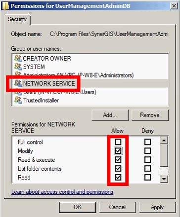 Grant rights for NETWORK SERVICE