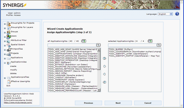 Choosing Application rights (tool functions)