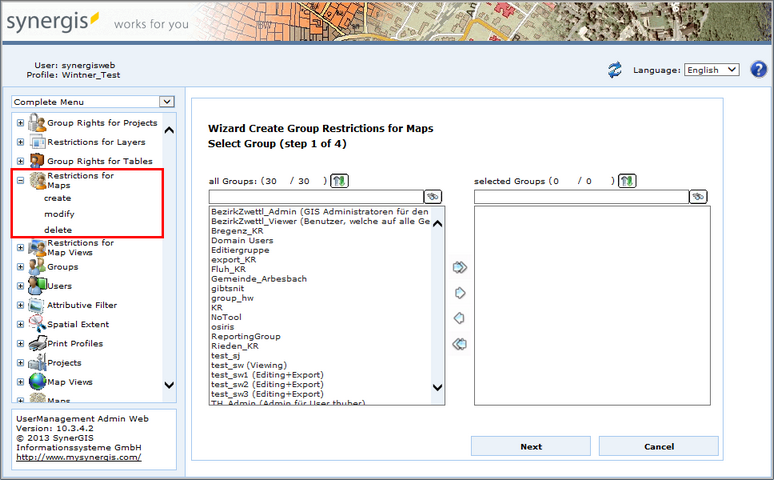 Wizard Create Group Restrictions for Maps - Select Group (step 1 of 4) Wizard Create Group Restrictions for Maps - Select Group (step 1 of 4)
