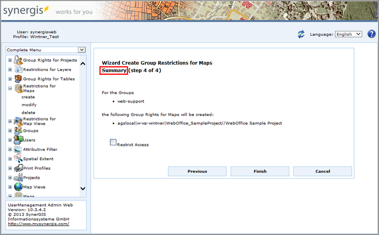 Wizard Create Group Restrictions for Maps - Summary (step 4 of 4) Wizard Create Group Restrictions for Maps - Summary (step 4 of 4)