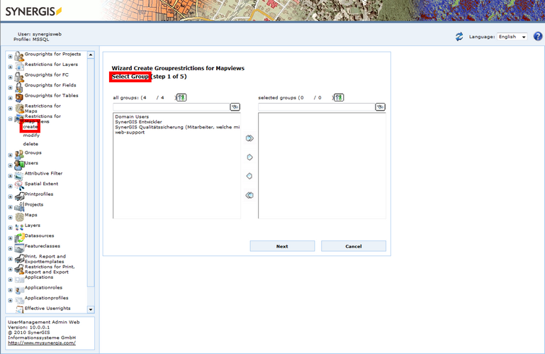 Wizard Create Grouprestrictions for Mapviews - Select Group (step 1 of 5)