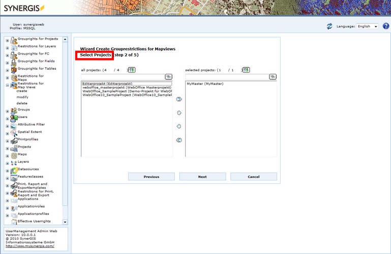 Wizard Create Grouprestrictions for Mapviews - Select Projects (step 2 of 5)