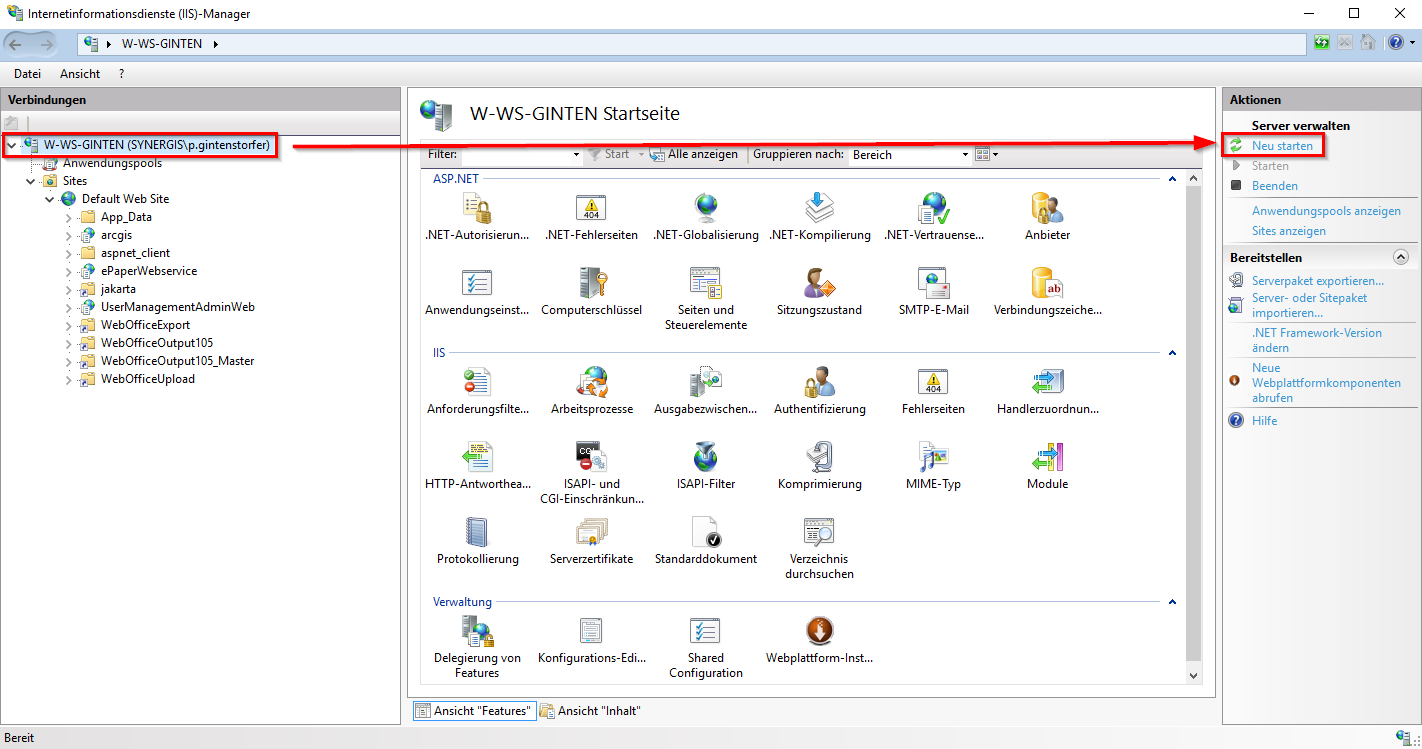 Neustart des Internetinformationsdienste (IIS)-Managers