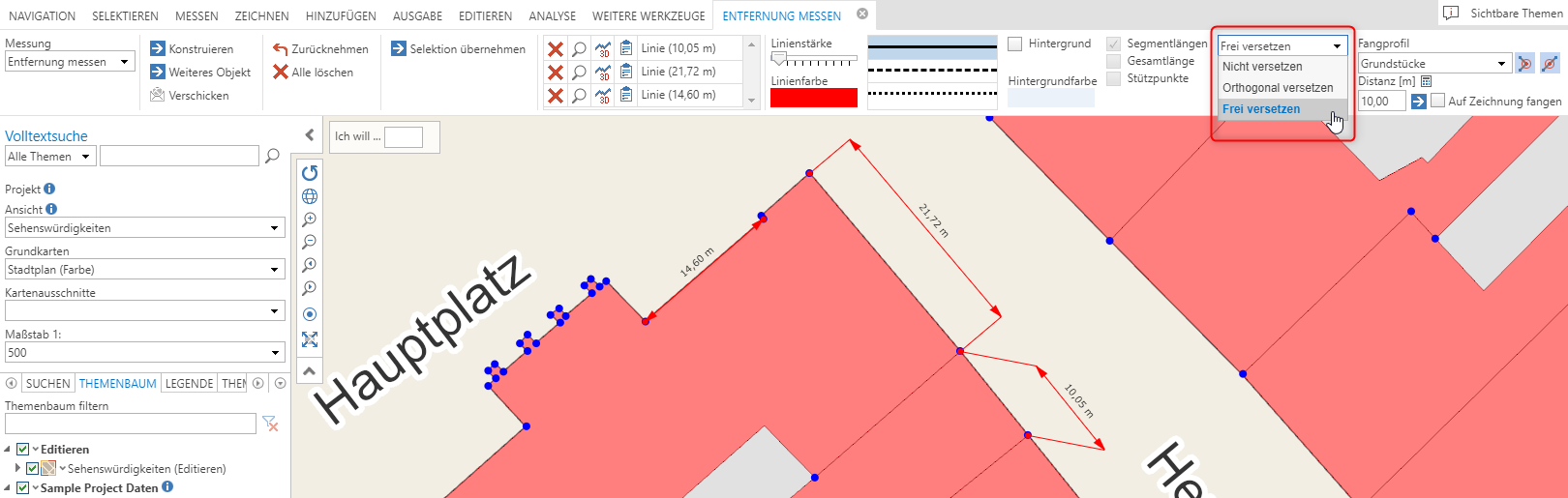 Möglichkeiten zum Versatz einer Bemaßung: Nicht versetzen (links), Orthogonal versetzen (mitte), Frei versetzen (rechts) Möglichkeiten zum Versatz einer Bemaßung: Nicht versetzen (links), Orthogonal versetzen (mitte), Frei versetzen (rechts)