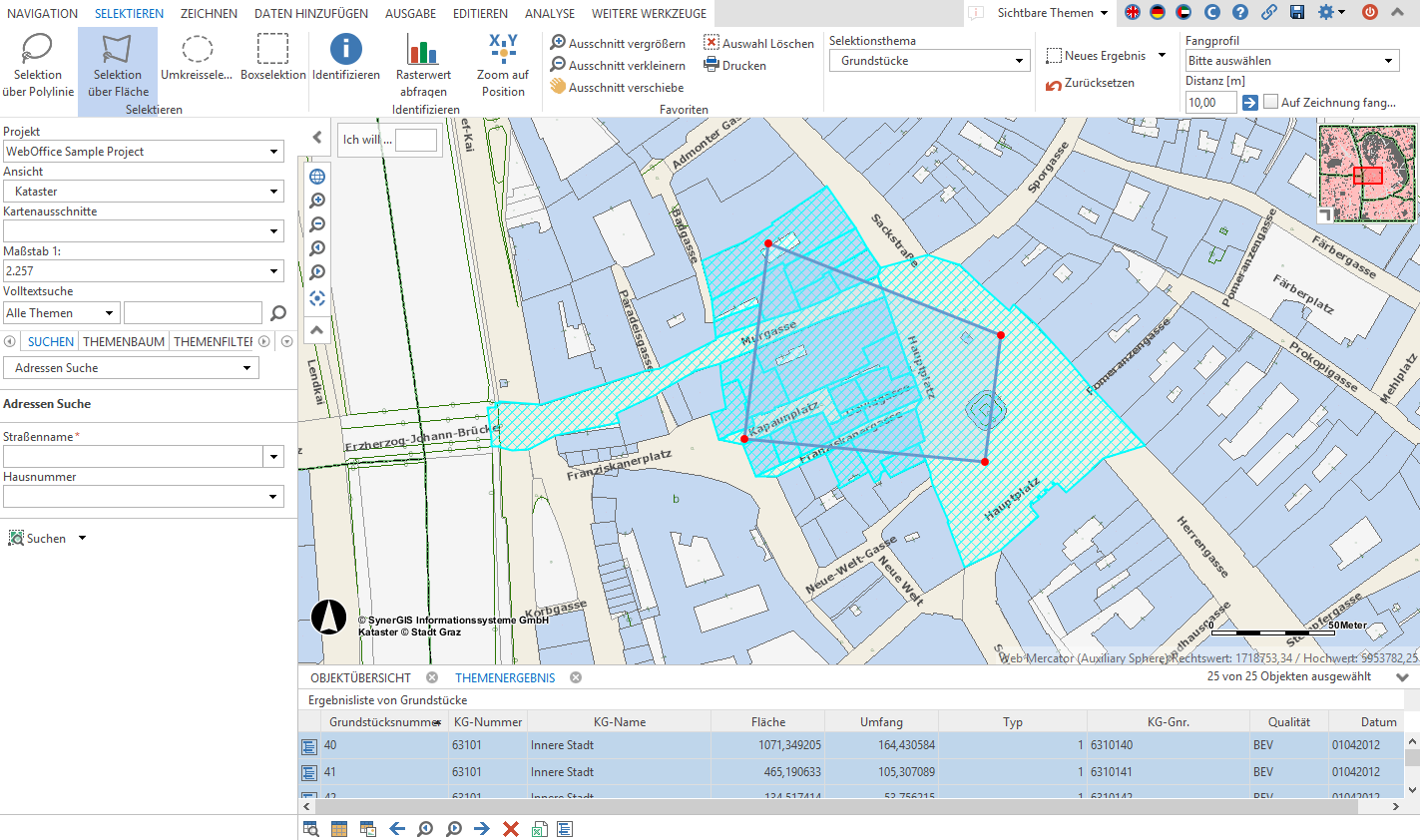 Erstellen einer Selektion durch Benutzung eines Polygons mit dem Werkzeug Selektion über Fläche im WebOffice core Client Erstellen einer Selektion durch Benutzung eines Polygons mit dem Werkzeug Selektion über Fläche im WebOffice core Client