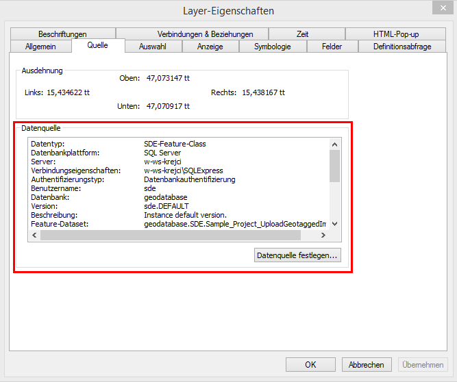 Ändern der Datenquellen in den Layer Eigenschaften auf die SDE Featureklasse Ändern der Datenquellen in den Layer Eigenschaften auf die SDE Featureklasse