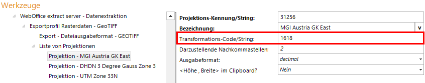 Geographische Transformation in der WebOffice 10.9 SP2 Projektkonfiguration