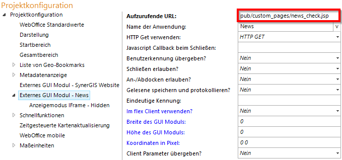 Konfiguration externes GUI-Modul news_check.jsp