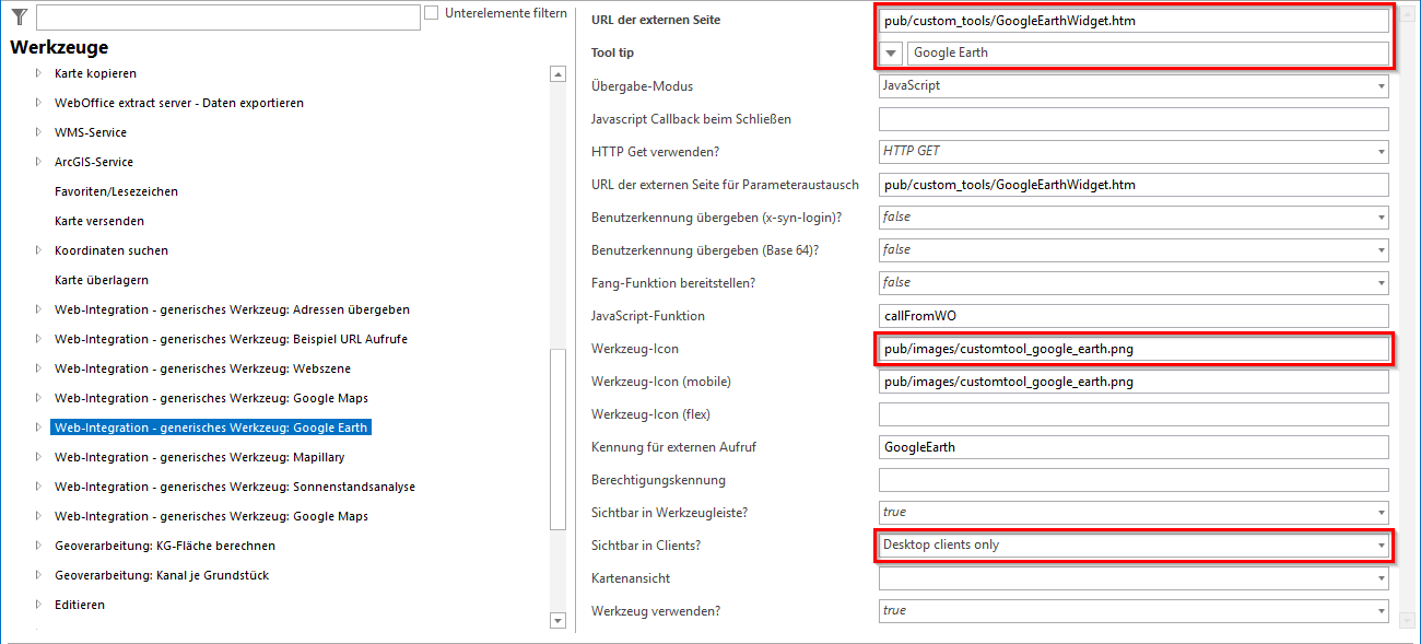 Konfiguration eines generischen Werkzeuges für Google Earth Widget ©