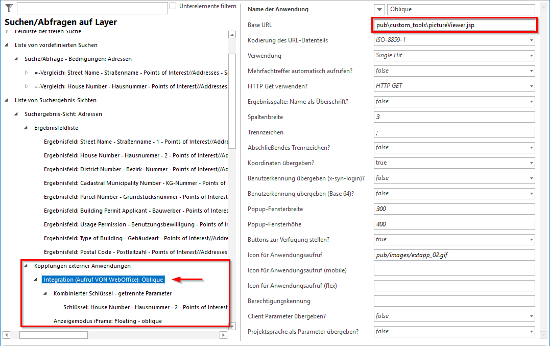 Konfiguration einer Integration (Aufruf VON WebOffice) zum Aufruf des Schrägluftbilder Tool aus der Suchergebnis-Sicht (1)