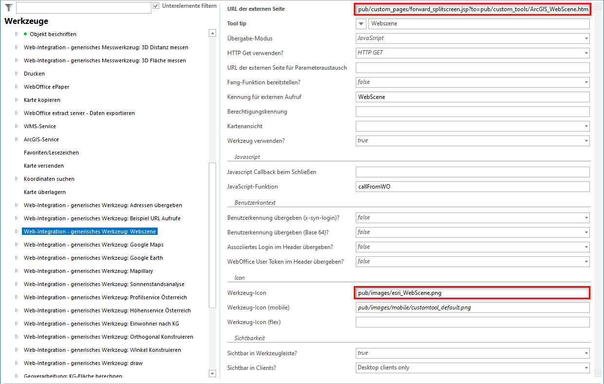Konfiguration eines generischen Werkzeuges für Webszene