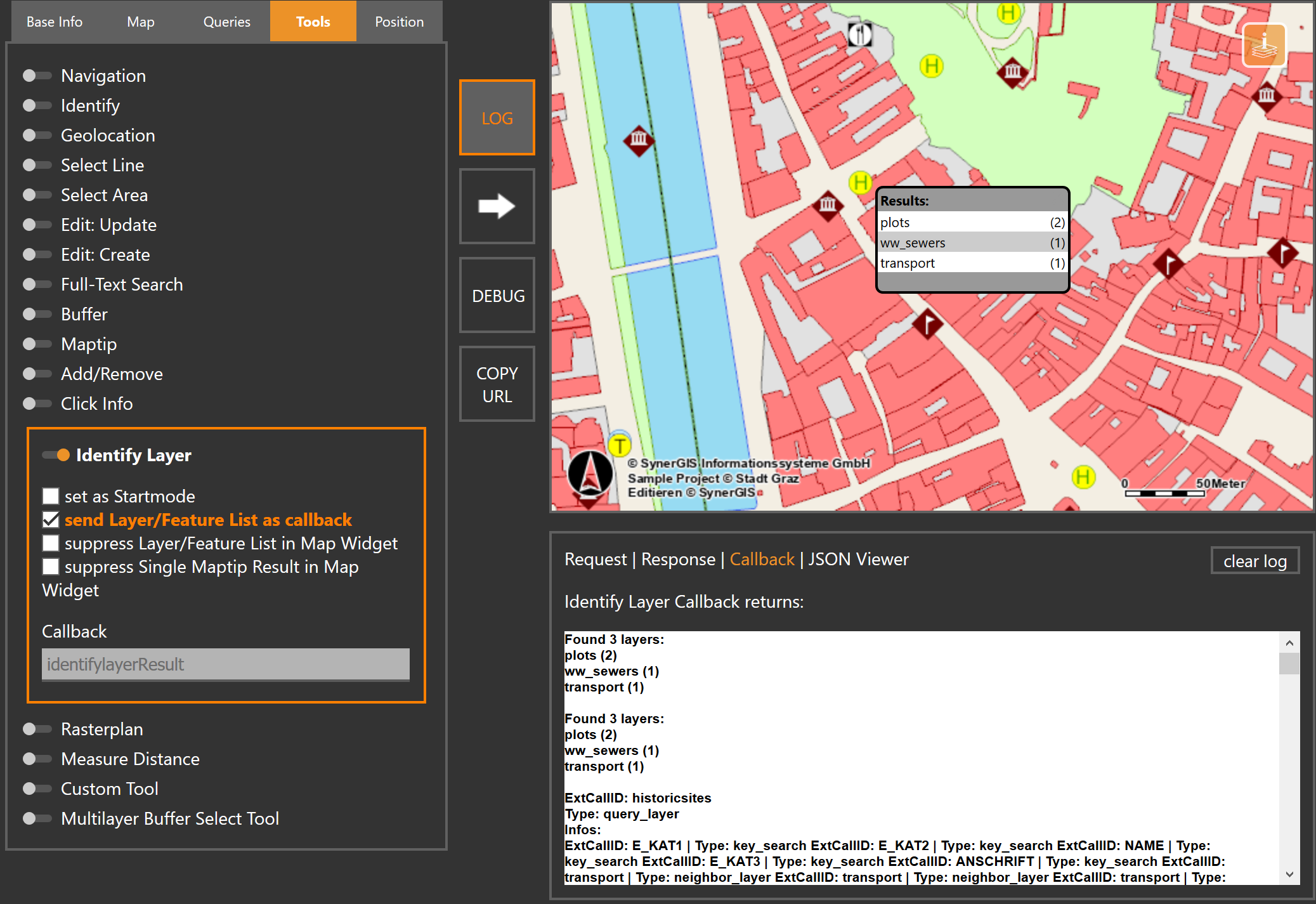 Werkzeug Identify Layer - Auflistung der gefundenen Layer