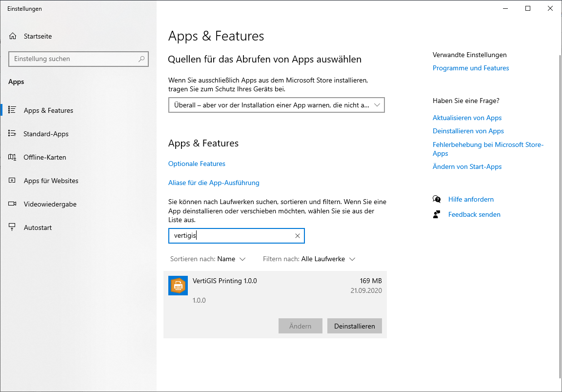 Deinstallation von VertiGIS Printing Deinstallation von VertiGIS Printing