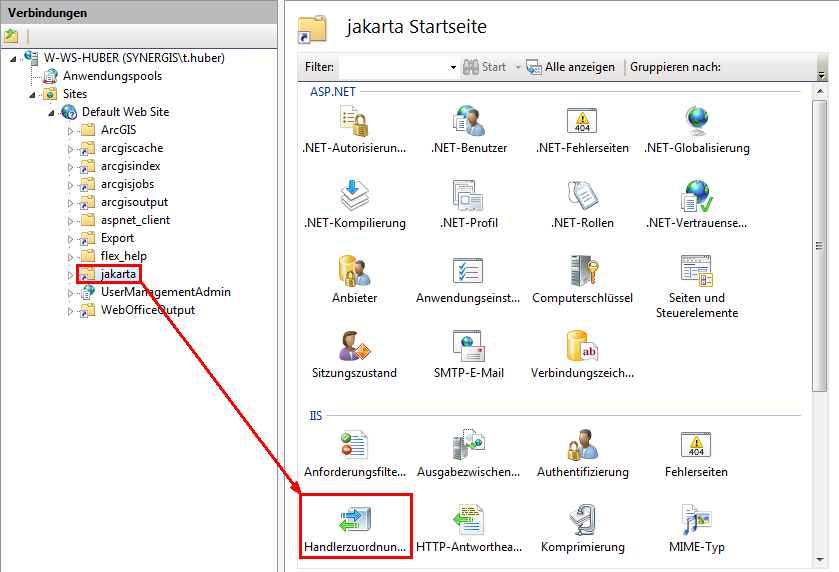Öffnen der Handlerzuordnungen des virtuellen Verzeichnisses jakarta im IIS Manager