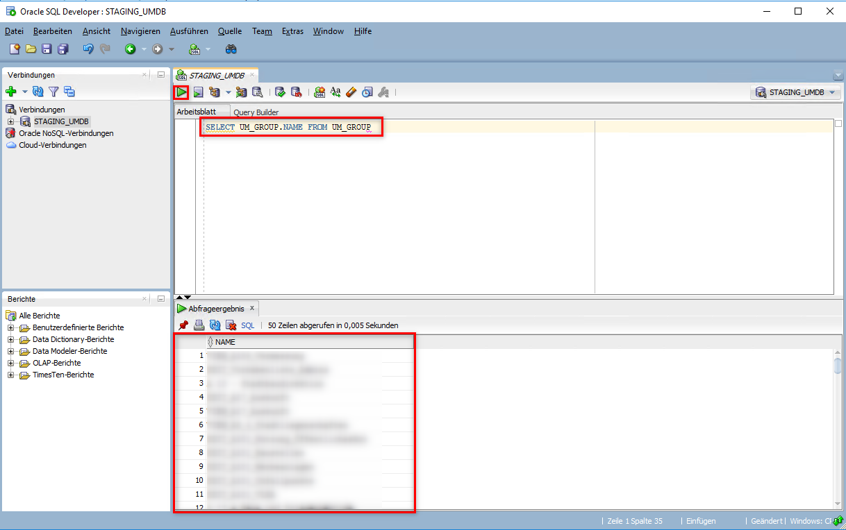 Abfragen der Usermanagement Gruppen aus der Oracle Datenbank