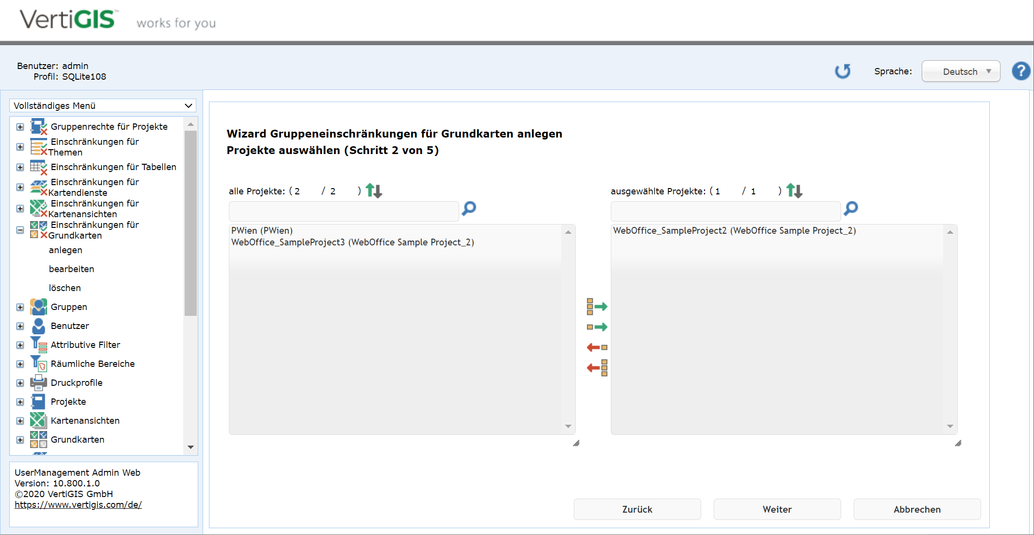 Gruppeneinschränkungen für Grundkarten anlegen - Schritt 2 Projekt auswählen