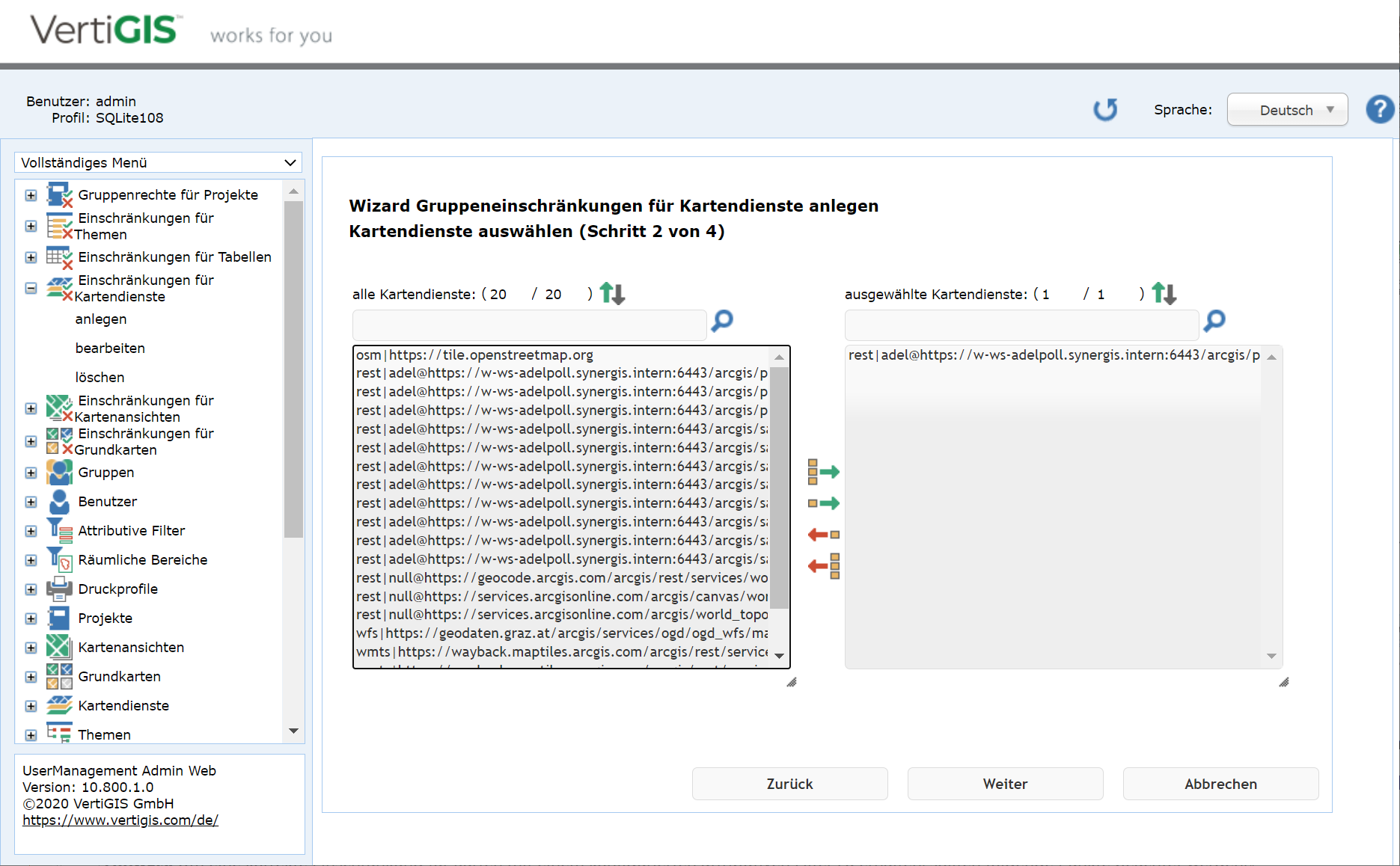 Gruppeneinschränkungen für Kartendienste anlegen - Schritt 2 Kartendienste auswählen