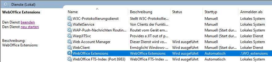 Starten des WebOffice Extensions Service Starten des WebOffice Extensions Service