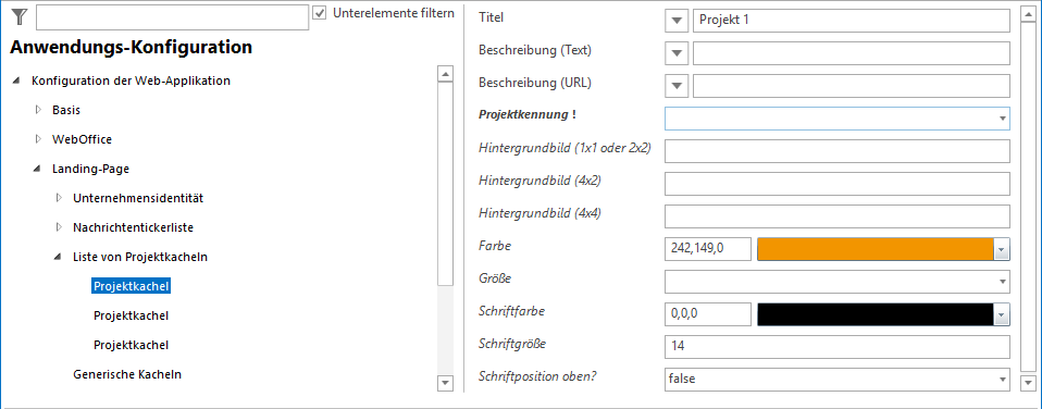 Konfiguration - Liste von Projektkacheln