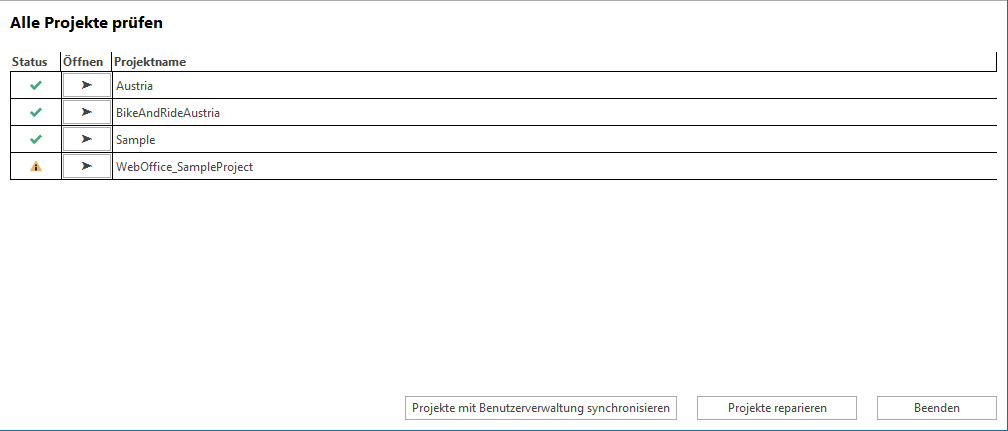 Funktion Alle Projekte prüfen im WebOffice author standalone Funktion Alle Projekte prüfen im WebOffice author standalone