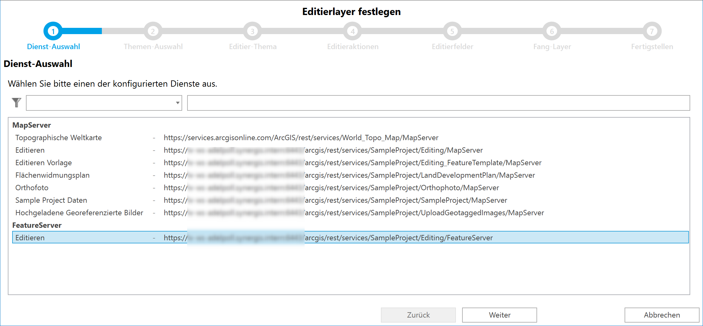 Wizard Editierlayer festlegen, Schritt 1