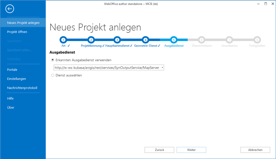 Neues Projekt anlegen: Ausgabedienst - Erkannten Ausgabedienst verwenden