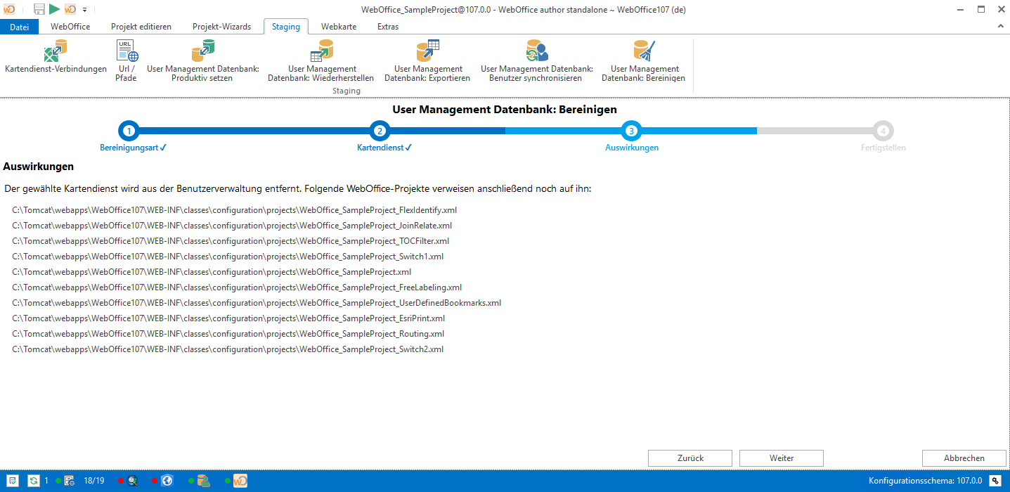 Auflistung aller Projekte in denen der ausgewählte Kartendienst referenziert wird