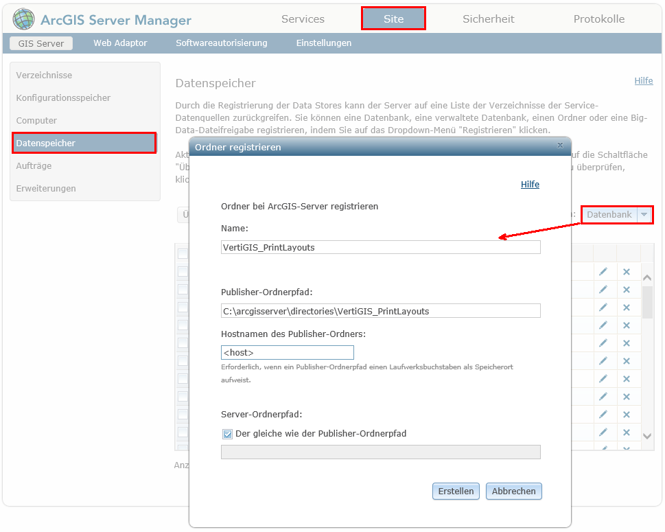 Alternativ: Ordner "VertiGIS_PrintLayouts" via ArcGIS Server Manager registrieren Alternativ: Ordner "VertiGIS_PrintLayouts" via ArcGIS Server Manager registrieren