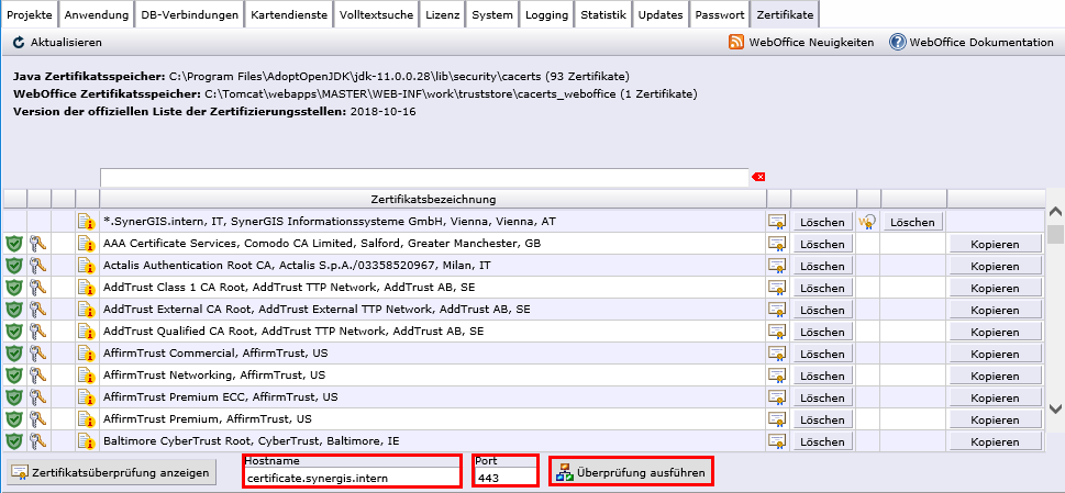Hostname URL eintragen und Überprüfung ausführen