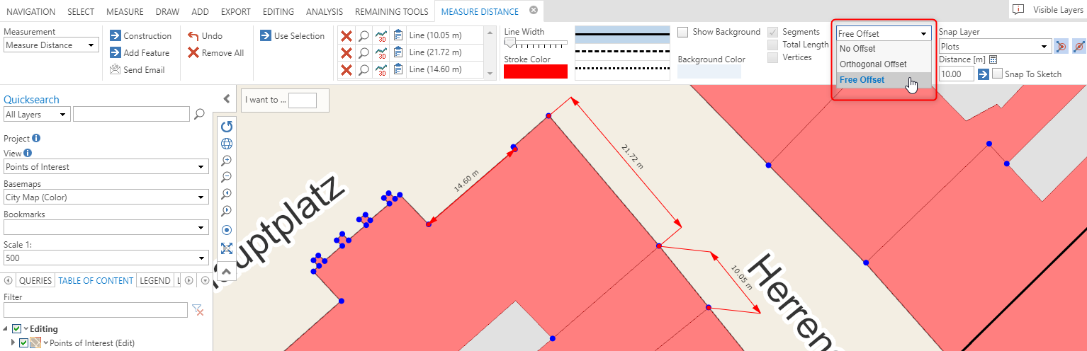 Options for offsetting a measurement: No Offset (left), Orthogonal Offset (center), Free Offset (right)