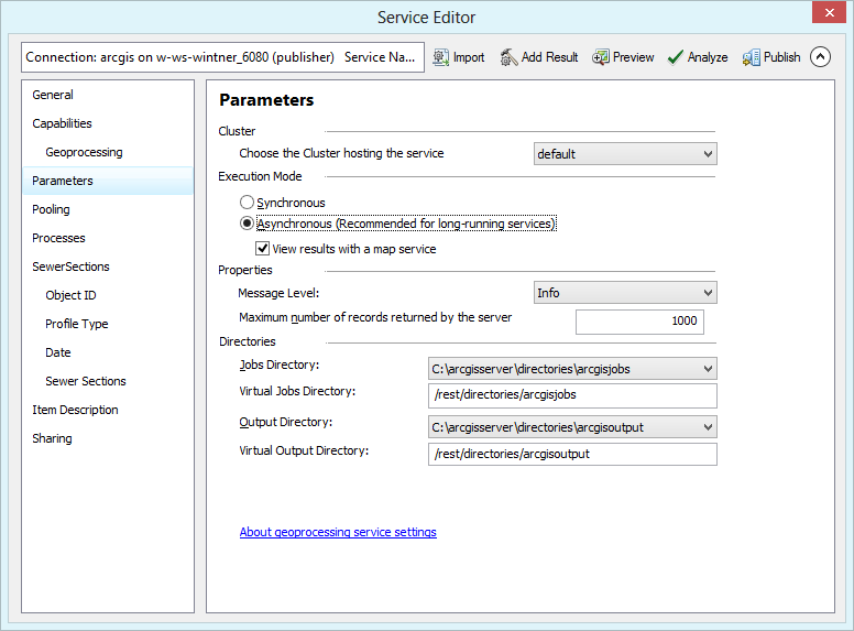 Service Editor settings for SewerSections Service Editor settings for SewerSections