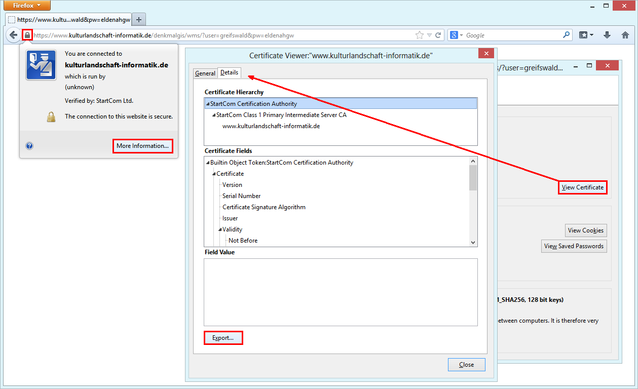 Export certificate in Firefox
