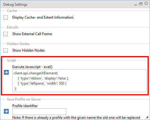 Settings within the debug console Settings within the debug console
