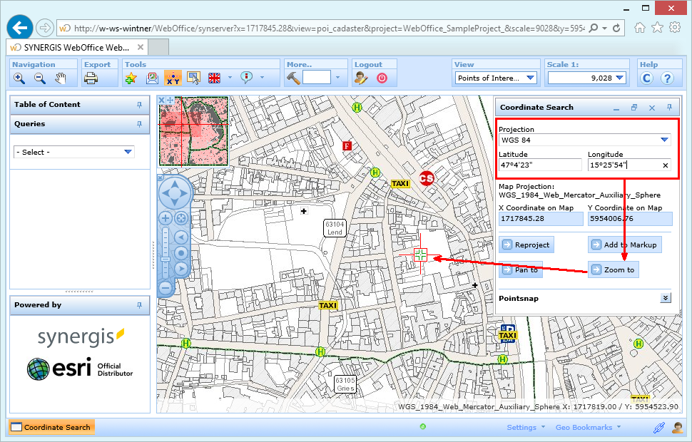 Search for and zoom to coordinates in WebOffice html client by entering coordinates