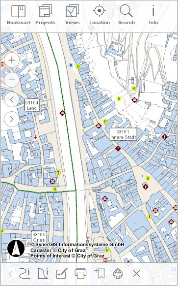 Navigation buttons in the top of the map in the WebOffice mobile client - phone mode