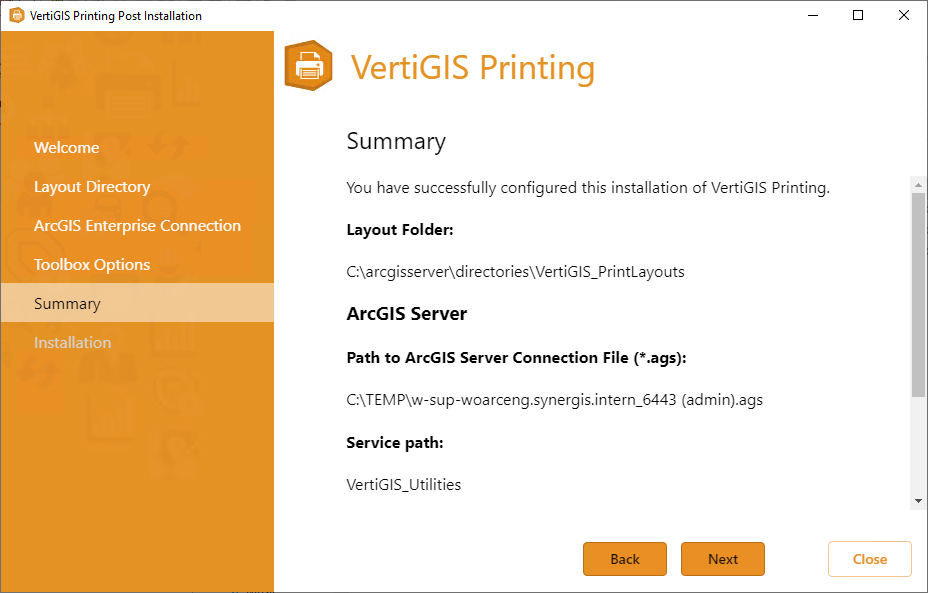 Summary of the configurations for the installation