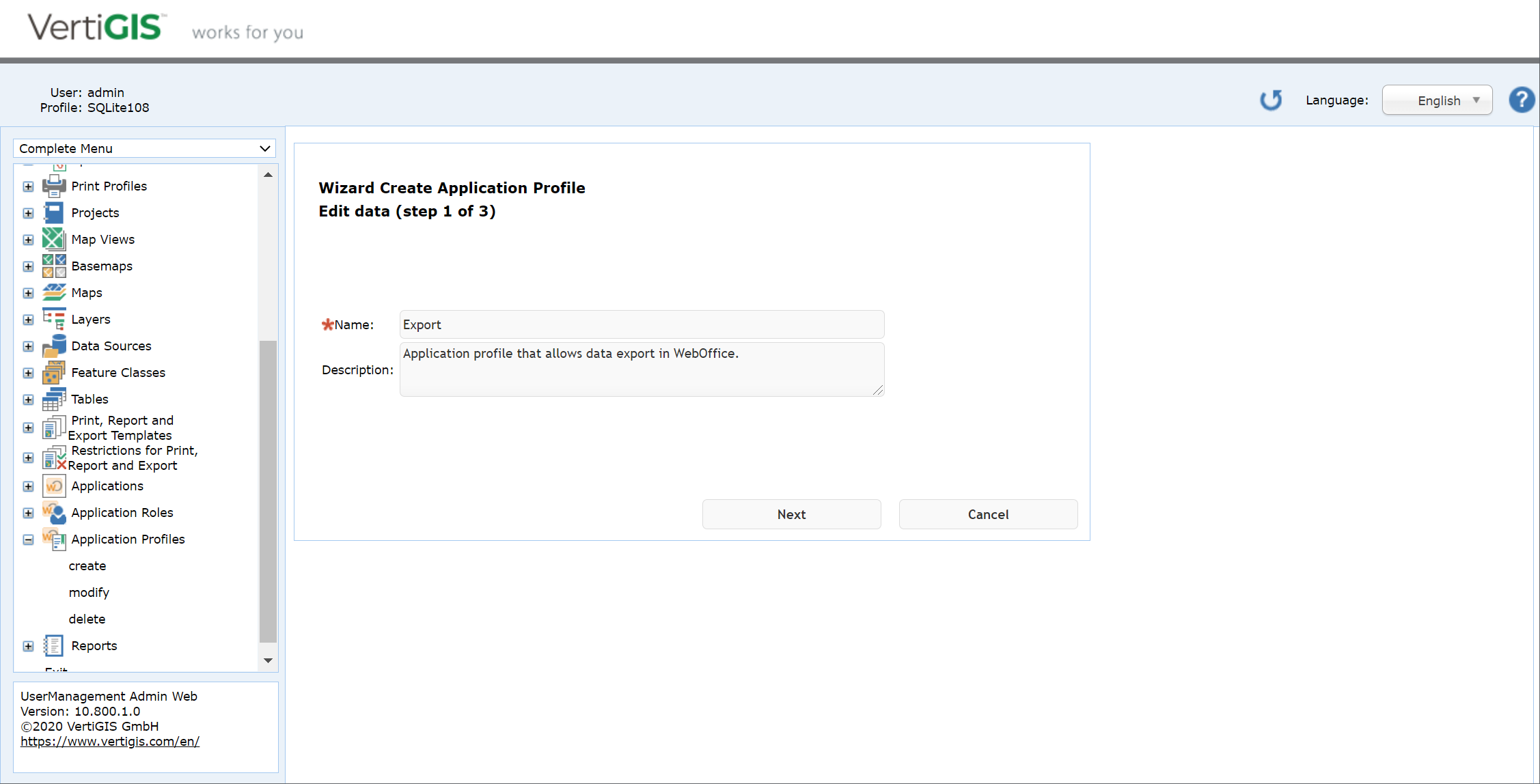Modify an application profile - step 1